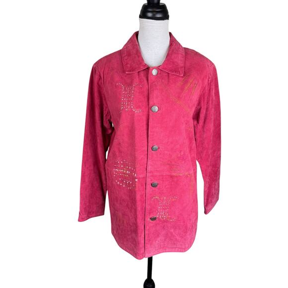 Look East Red Asian Geisha 100% Leather Collared Long Sleeve Button Down Jacket - Picture 3 of 11